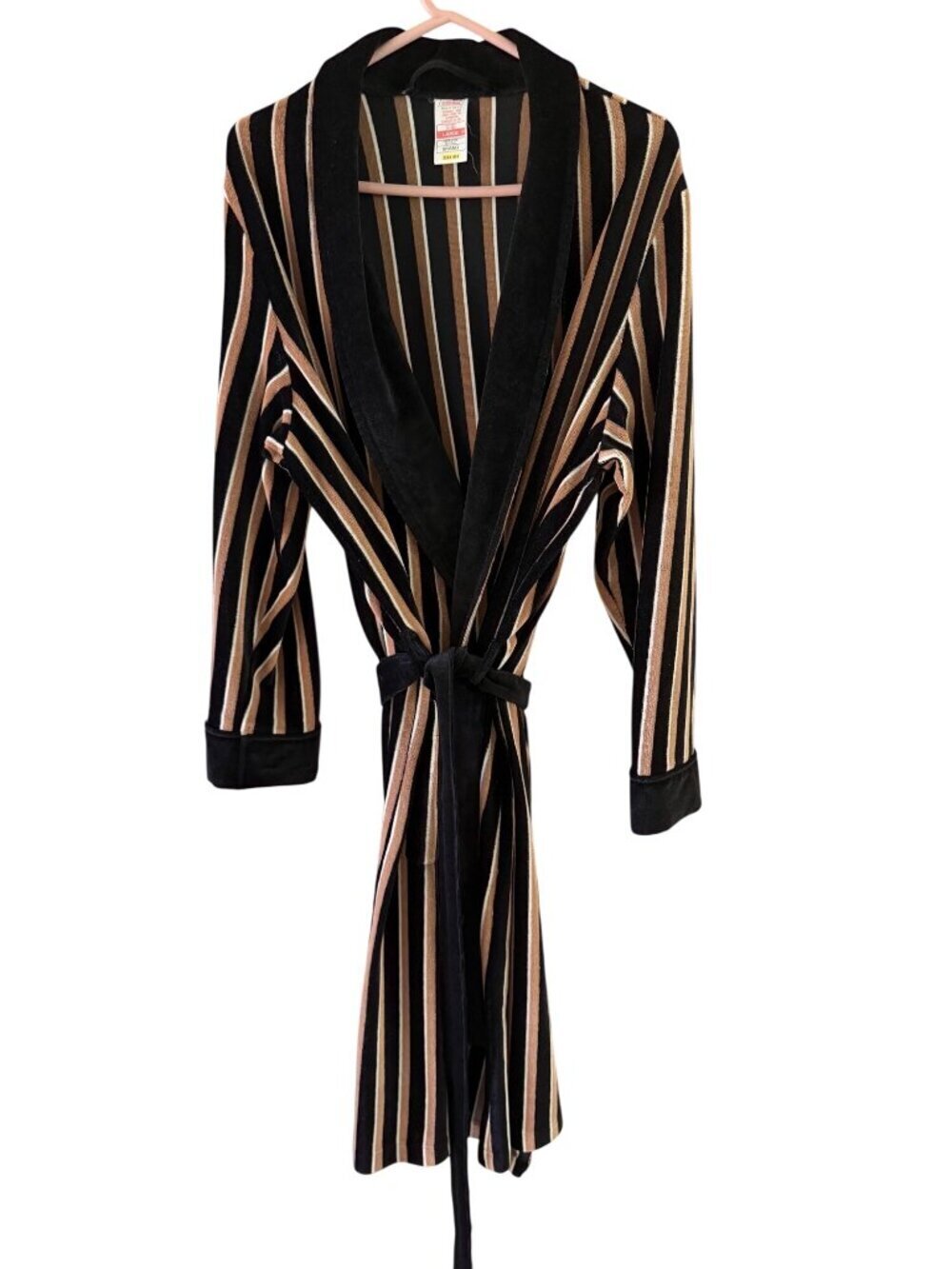 St. Michael Mens Striped Velour Feel Self Wrap Robe Size Large Black Tan Vintage